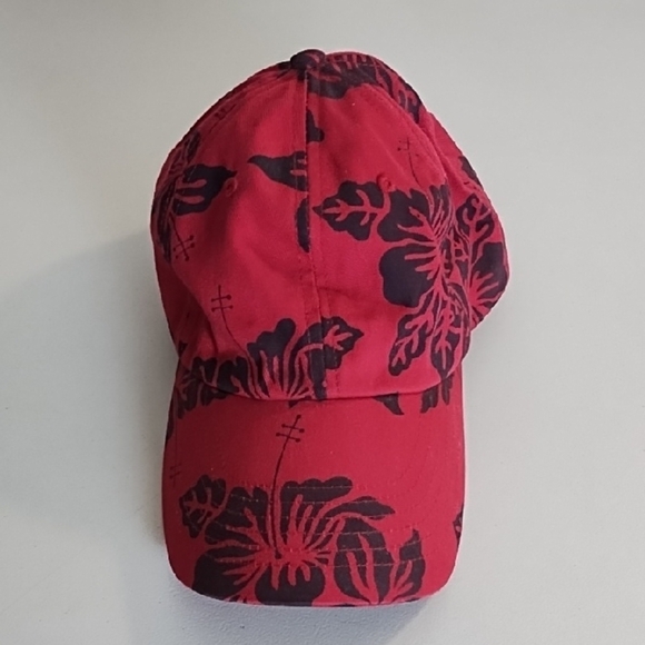 Red & Navy Tropical Print Hat with Curved Brim Cotton Adjustable - Picture 11 of 11